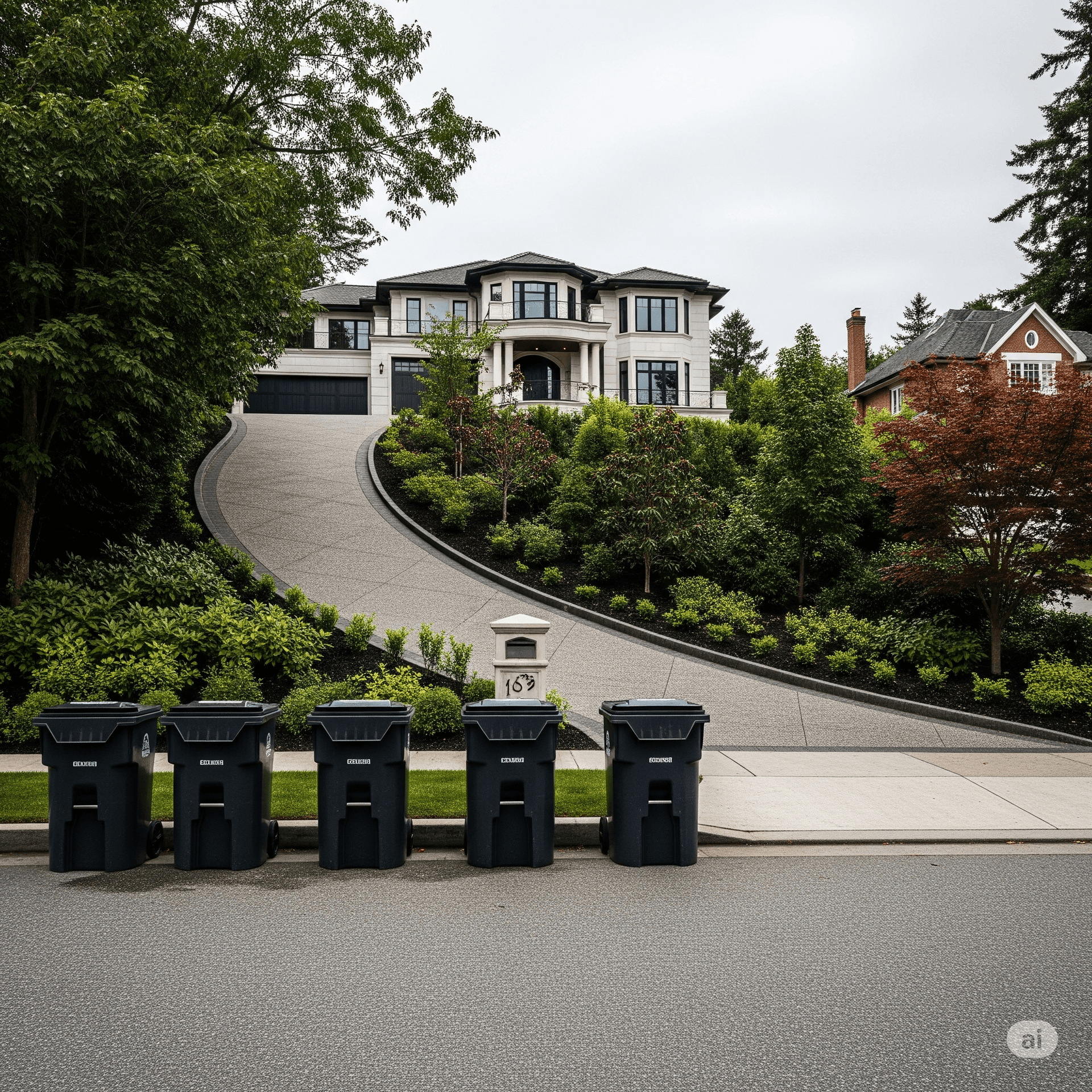 Luxury home with steep driveway and garbage bins.